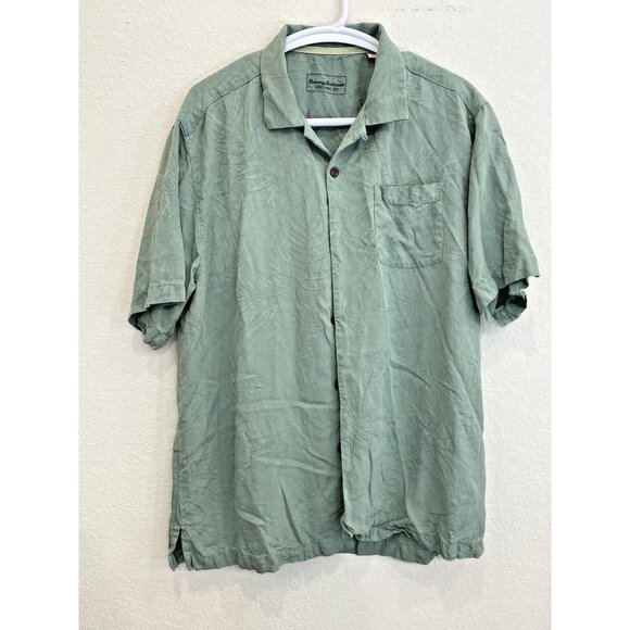 Tommy Bahama Short‎ Sleeve Large Hawaiian Green Button Up Camp Shirt 100% Silk - Picture 1 of 8